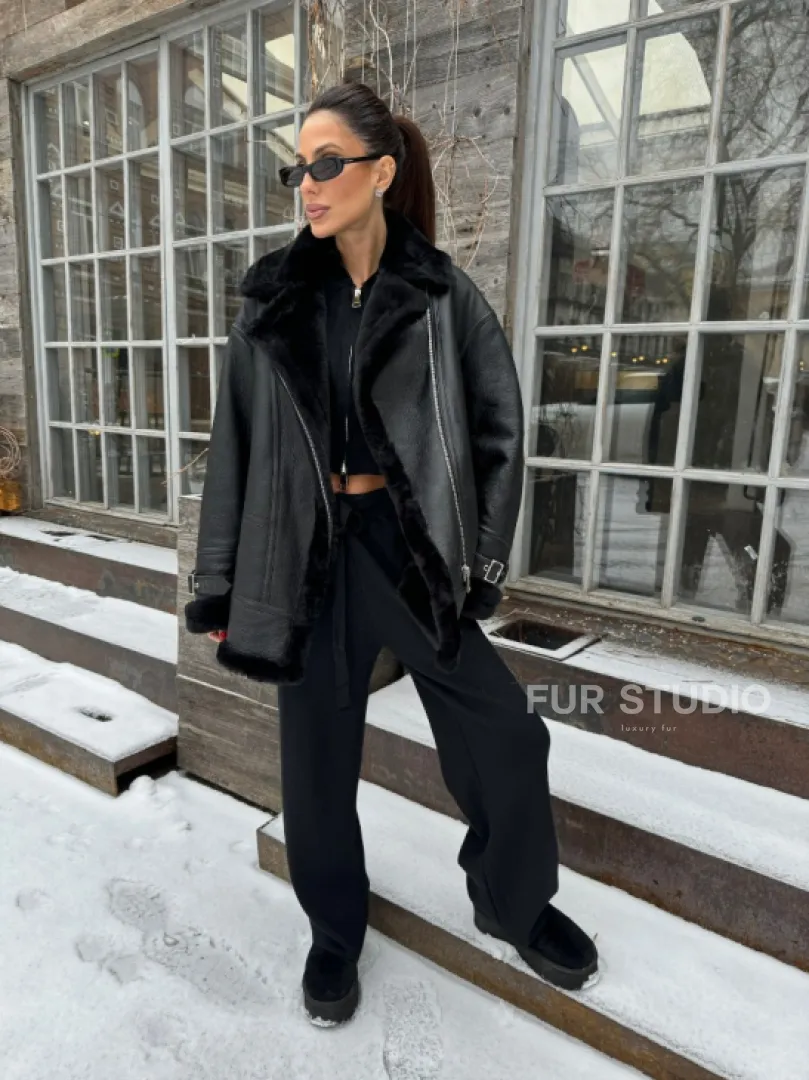 Черная дубленка авитор на овчине - фото 6