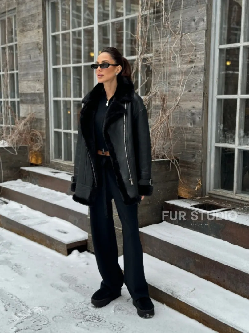 Черная дубленка авитор на овчине - фото 7