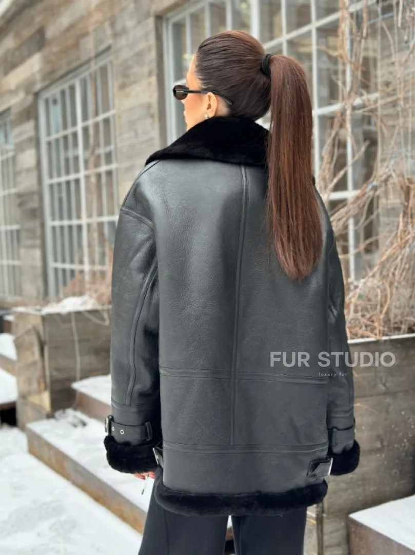 Черная дубленка авитор на овчине - фото 2