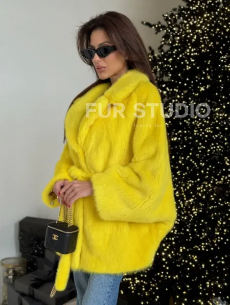 Шуба норковая летучая мышь роспуск - цвет лимонный (желтый) - фото 1