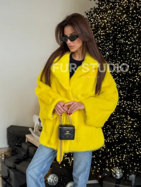 Шуба норковая летучая мышь роспуск - цвет лимонный (желтый) - фото 2