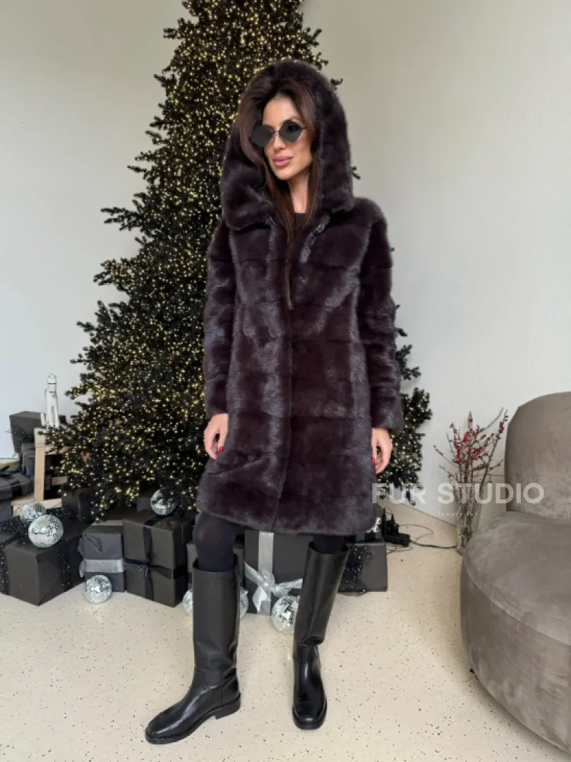 Норковая шуба с капюшоном, поперечка - цвет инжир - фото 2