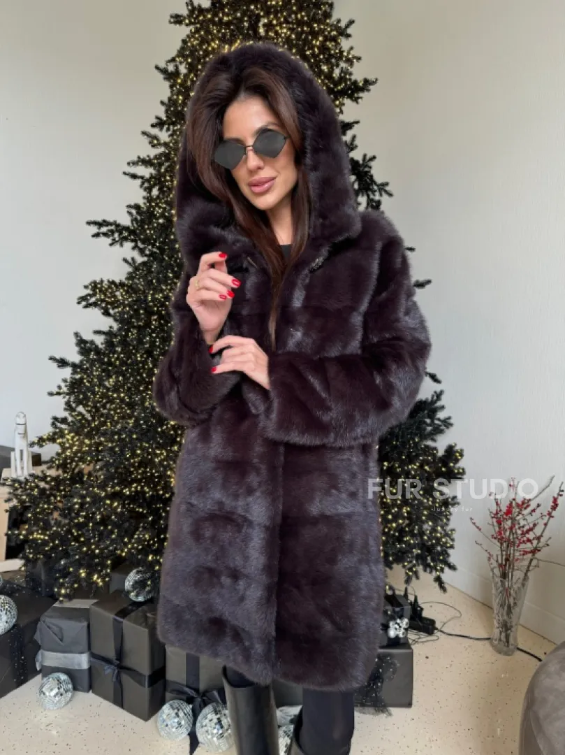 Норковая шуба с капюшоном, поперечка - цвет инжир - фото 1