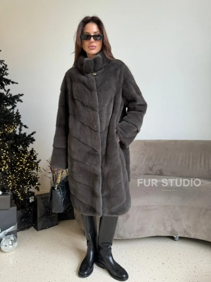 Норковая шуба стойка воротник - цвет графит - фото 0