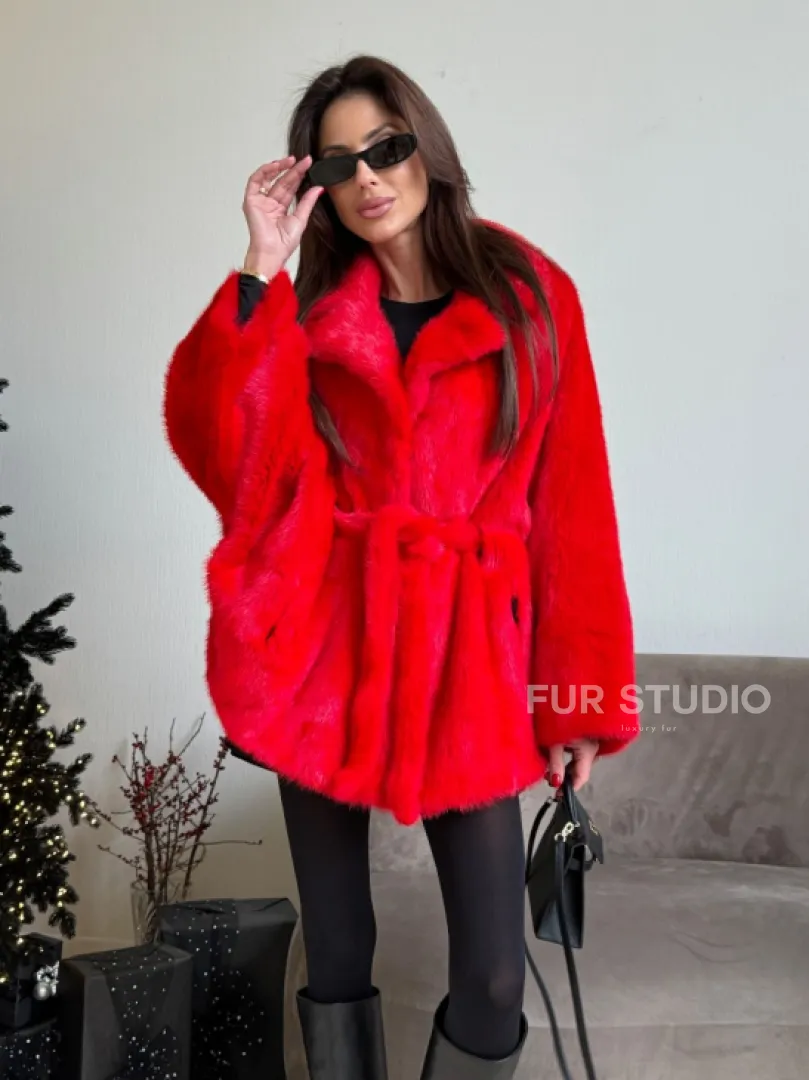 Красная норковая шуба - летучка английский воротник - фото 6