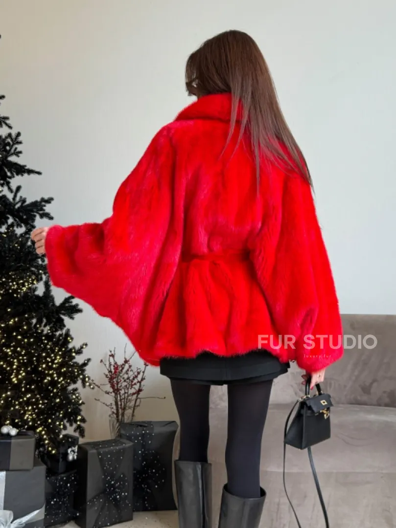Красная норковая шуба - летучка английский воротник - фото 4