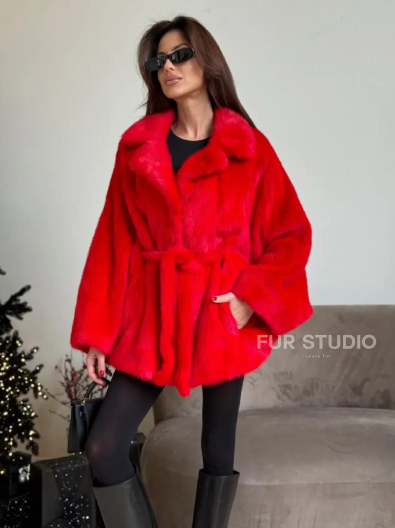 Красная норковая шуба - летучка английский воротник - фото 0