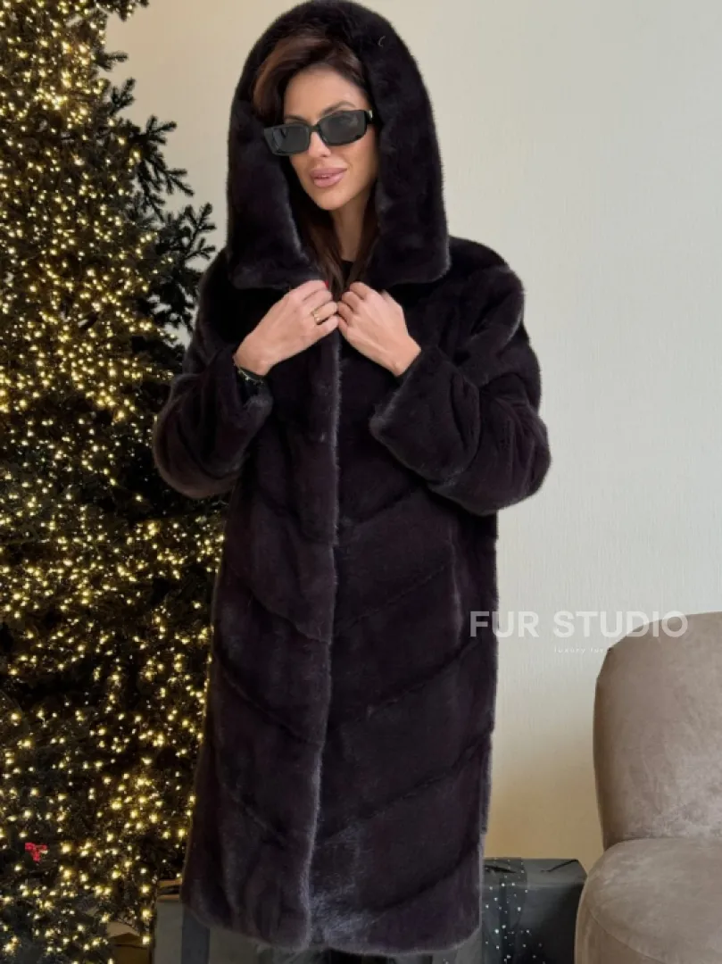 Норковая шуба с капюшоном, паркет - цвет инжир - фото 1