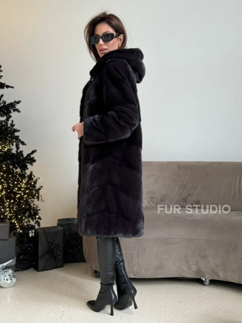 Норковая шуба с капюшоном, паркет - цвет инжир - фото 3