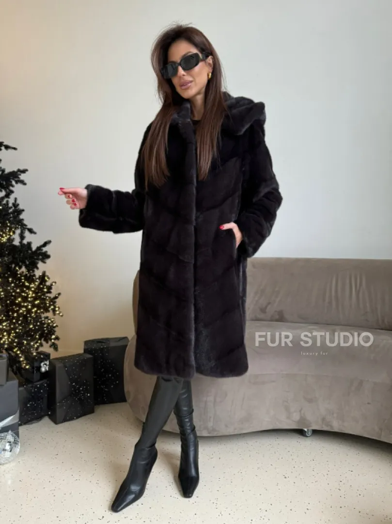 Норковая шуба с капюшоном, паркет - цвет инжир - фото 0