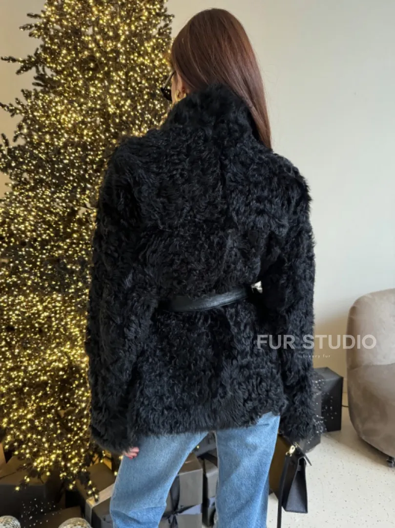 Двусторонняя дублёнка, мех тиградо - цвет черный