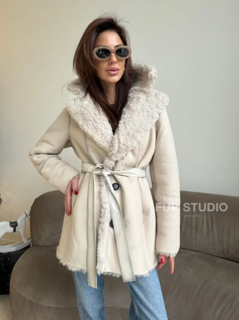 Двусторонняя дублёнка - шуба, мех тиградо английский воротник - фото 2