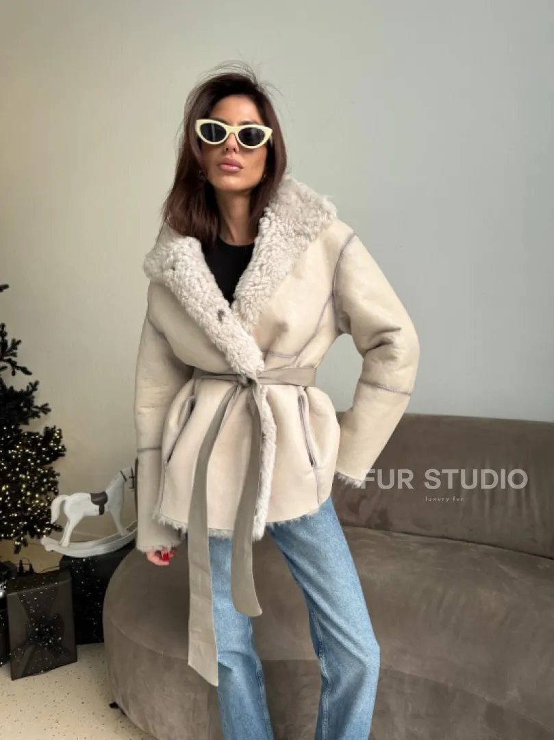 Двусторонняя дублёнка - шуба, мех тиградо английский воротник - фото 11