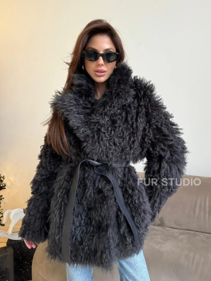 Двусторонняя шуба - дубленка из овчины цвет графит - фото 4