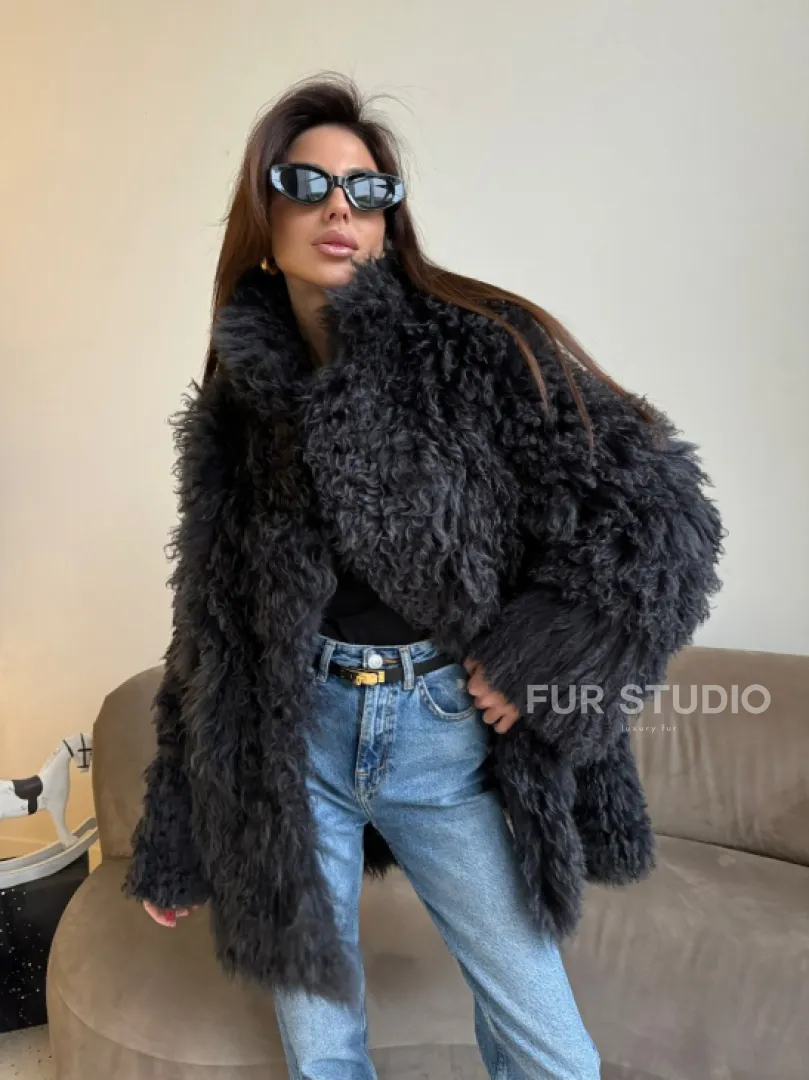 Двусторонняя шуба - дубленка из овчины цвет графит - фото 0