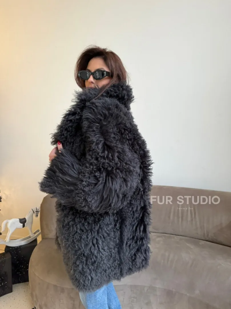 Двусторонняя шуба - дубленка из овчины цвет графит - фото 6