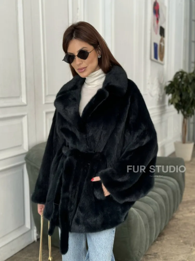 Шуба летучая мышь английский воротник, роспуск мех норка - цвет черный изумруд - фото 4