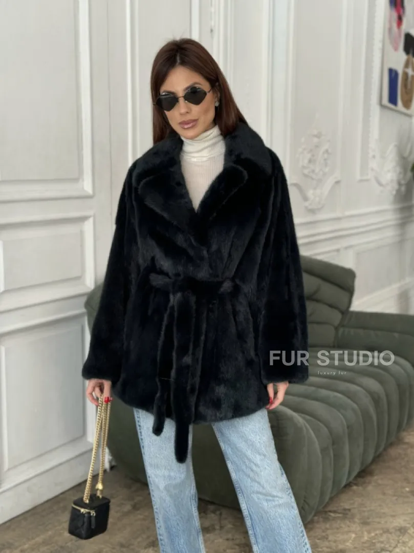 Шуба летучая мышь английский воротник, роспуск мех норка - цвет черный изумруд - фото 5