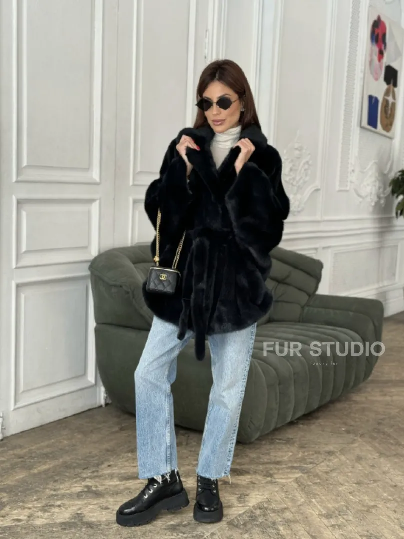 Шуба летучая мышь английский воротник, роспуск мех норка - цвет черный изумруд - фото 8