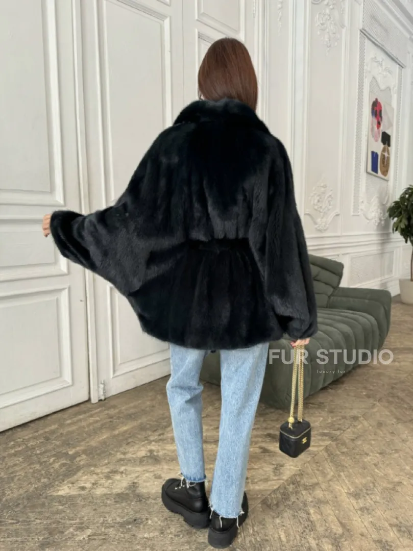 Шуба летучая мышь английский воротник, роспуск мех норка - цвет черный изумруд - фото 7