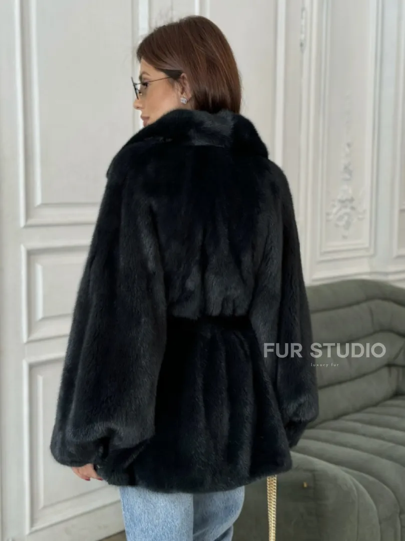 Шуба летучая мышь английский воротник, роспуск мех норка - цвет черный изумруд - фото 2