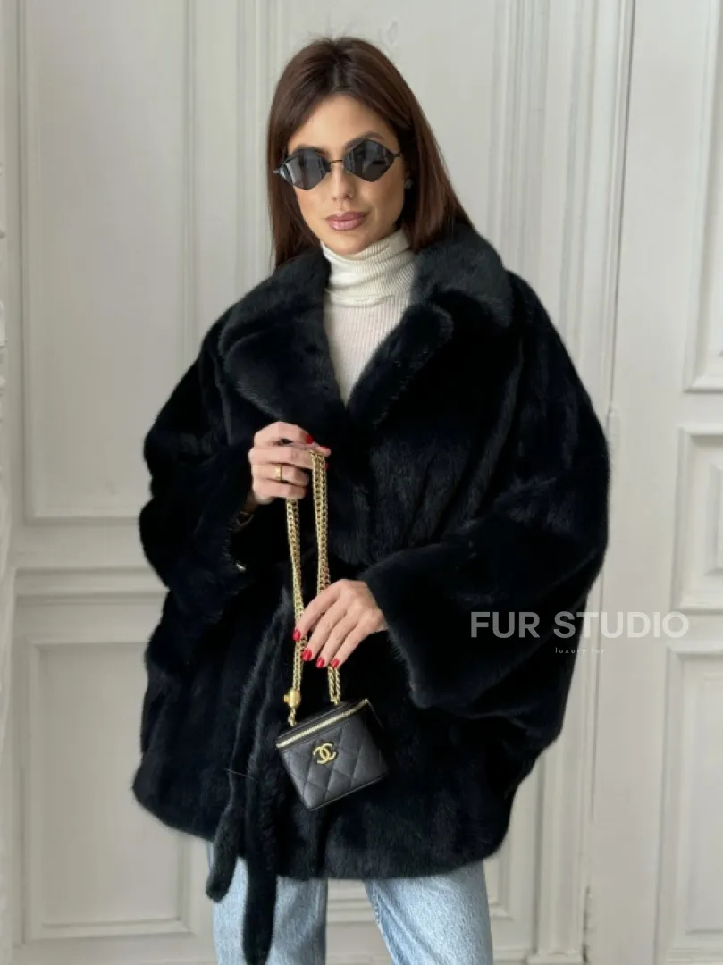 Шуба летучая мышь английский воротник, роспуск мех норка - цвет черный изумруд - фото 1