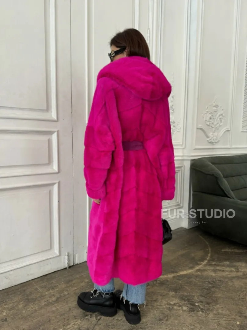 Норка кимоно с капюшоном, паркет - цвет фуксия