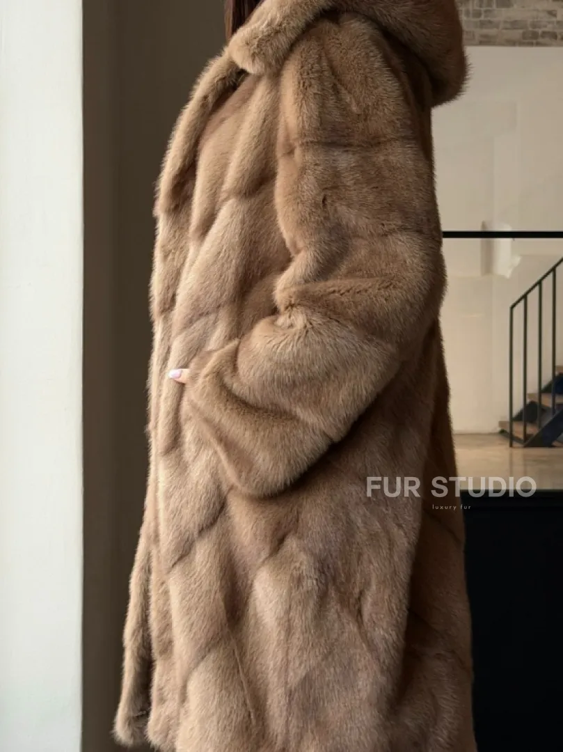 Норковая шуба с капюшоном - цвет пастель - фото 1