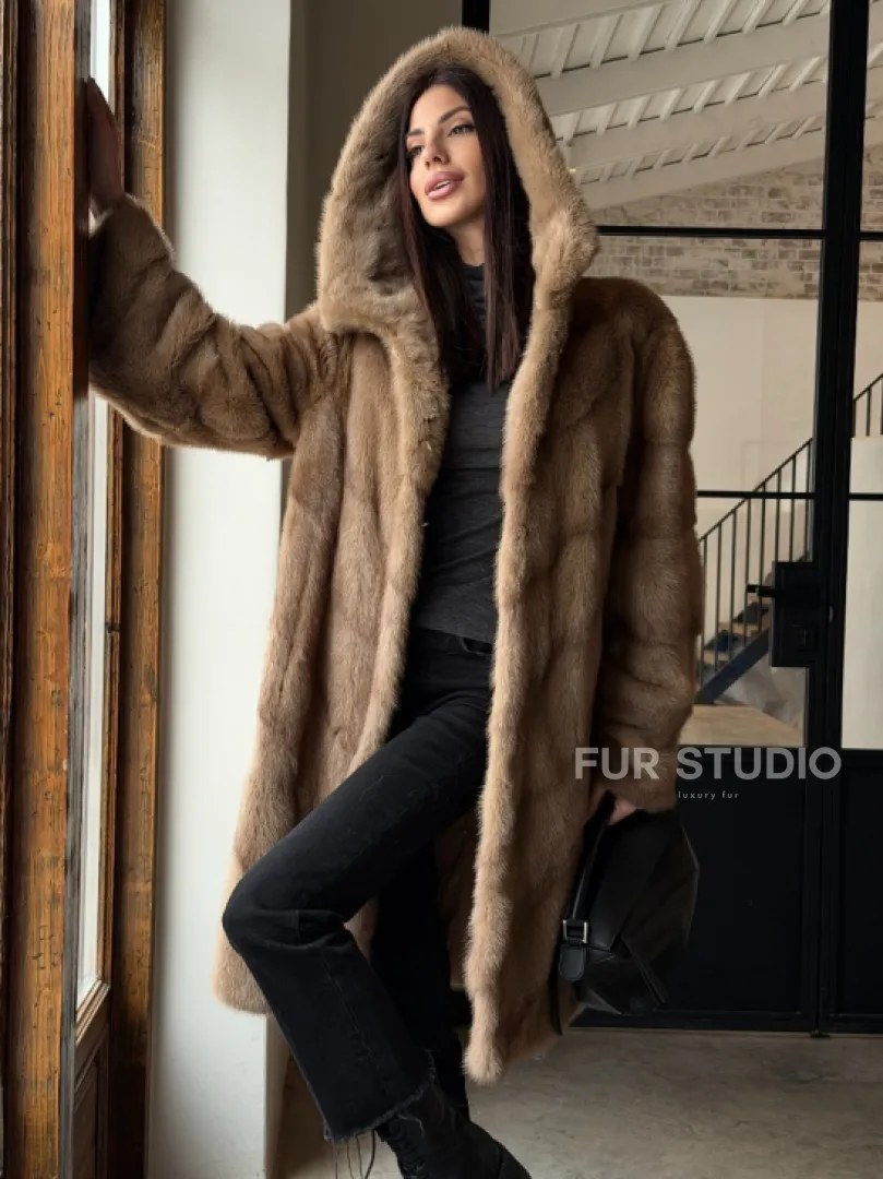 Норковая шуба с капюшоном - цвет пастель - фото 10