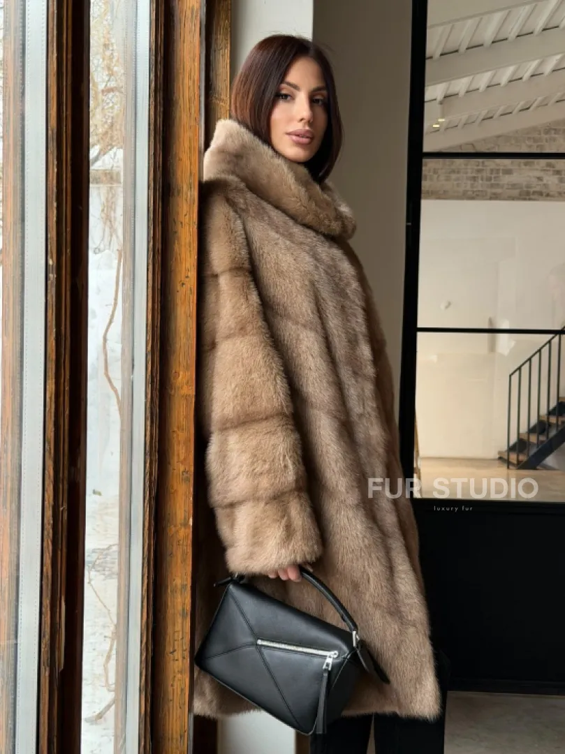 Норковая шуба с капюшоном - цвет пастель - фото 8