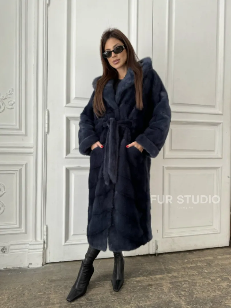 Норковая шуба с капюшоном под пояс - цвет темно-синий - фото 1