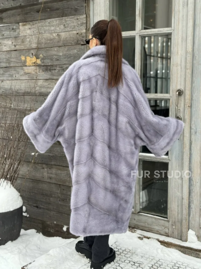 Шуба норковая в стиле Oversize - цвет серый сапфир - фото 4
