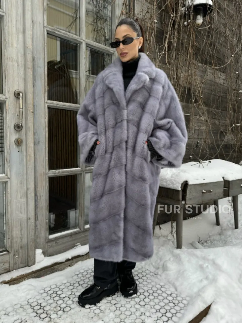 Шуба норковая в стиле Oversize - цвет серый сапфир - фото 5