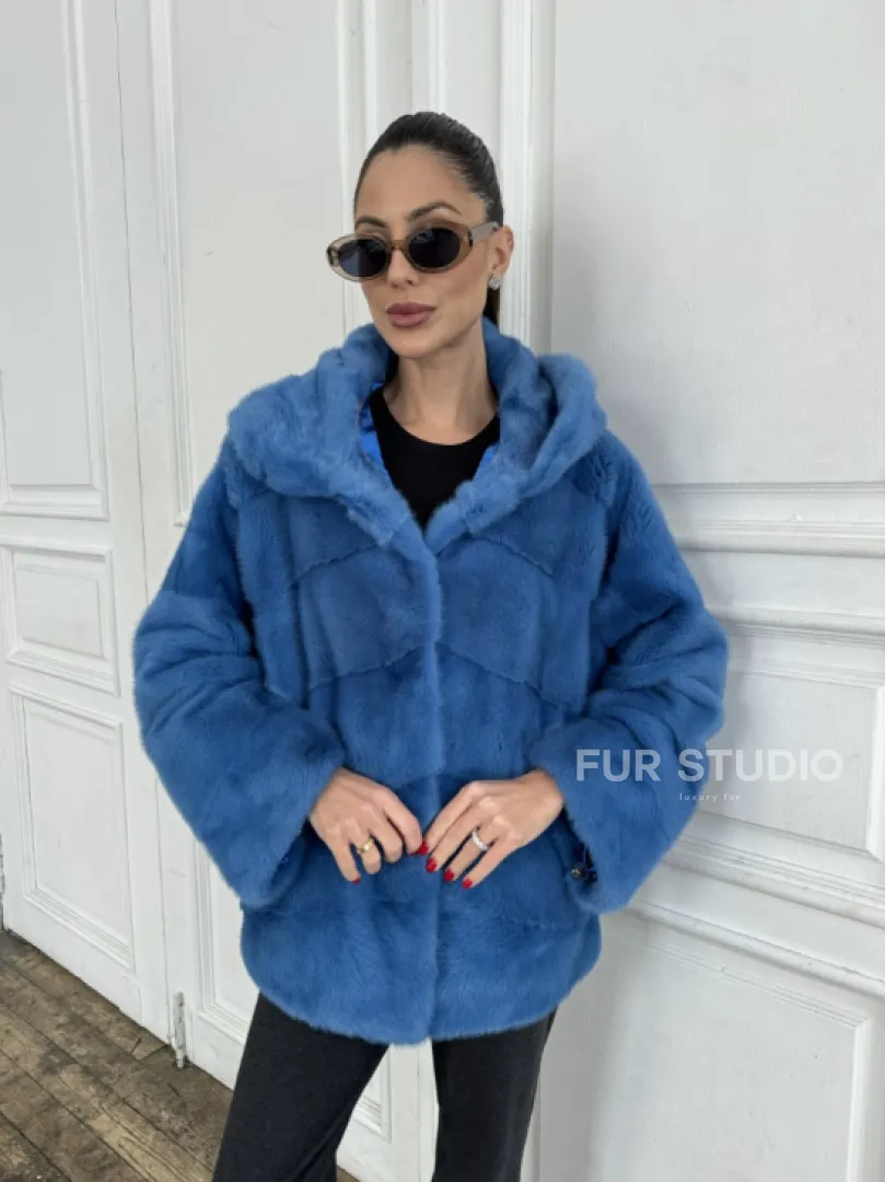 Норковый полушубок с капюшоном, паркет - цвет васильковый - фото 2