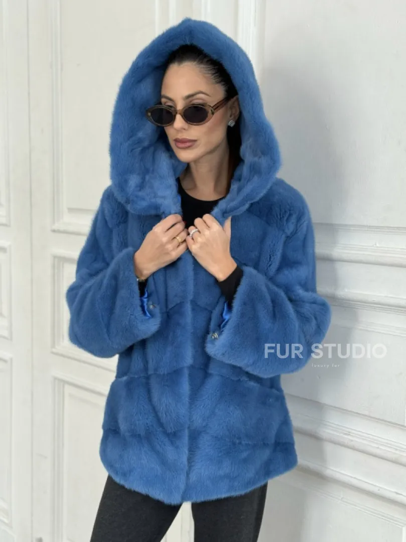 Норковый полушубок с капюшоном, паркет - цвет васильковый - фото 1