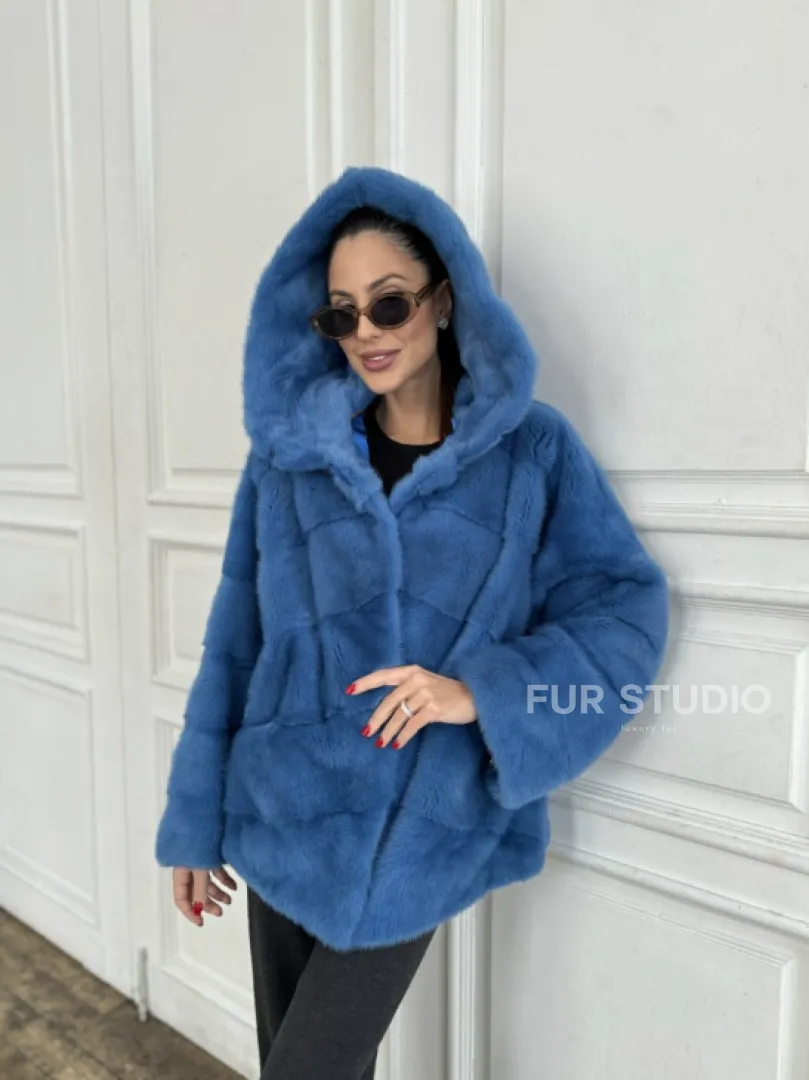 Норковый полушубок с капюшоном, паркет - цвет васильковый - фото 5