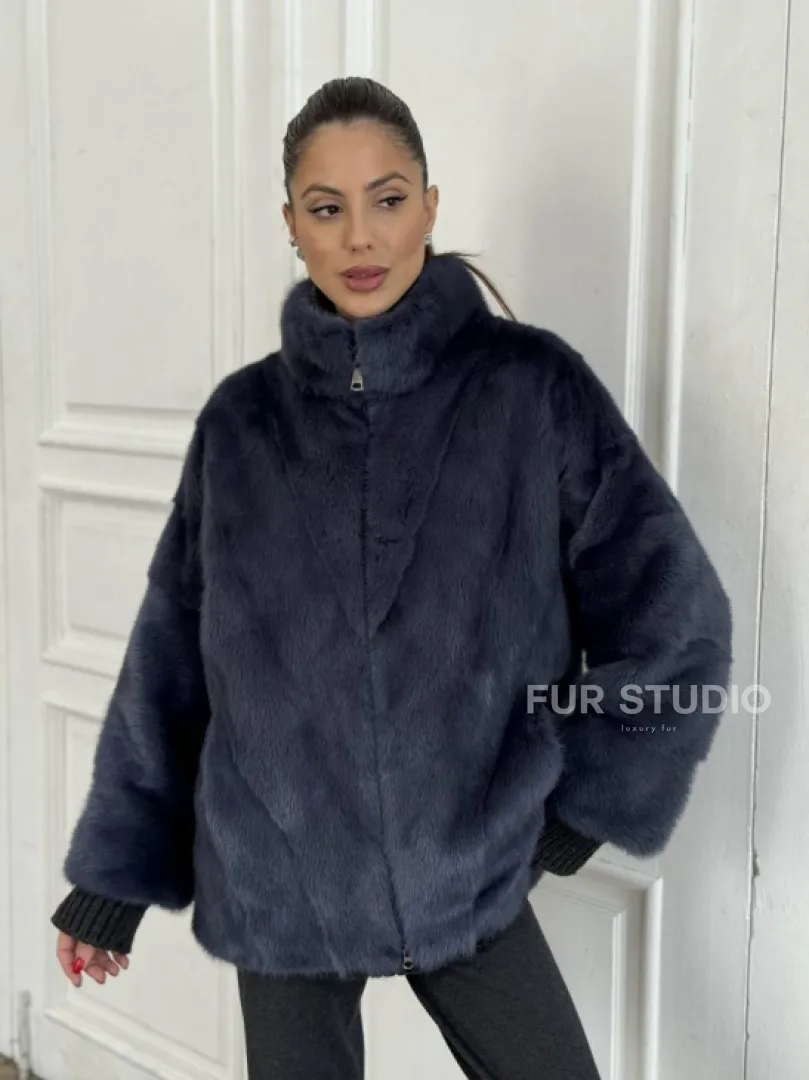 Короткая норковая шуба на молнии, стойка воротник - цвет черника - фото 3
