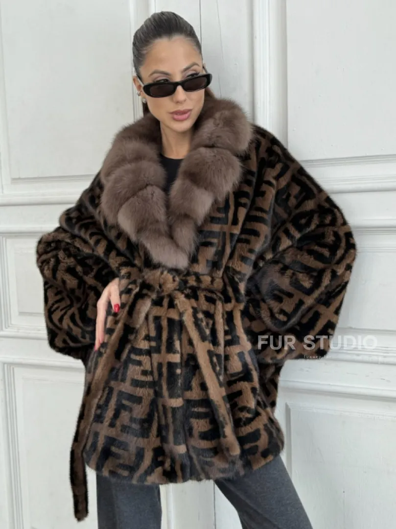 Норка летучая мышь воротник из меха куницы, принт - цвет соболь - фото 0