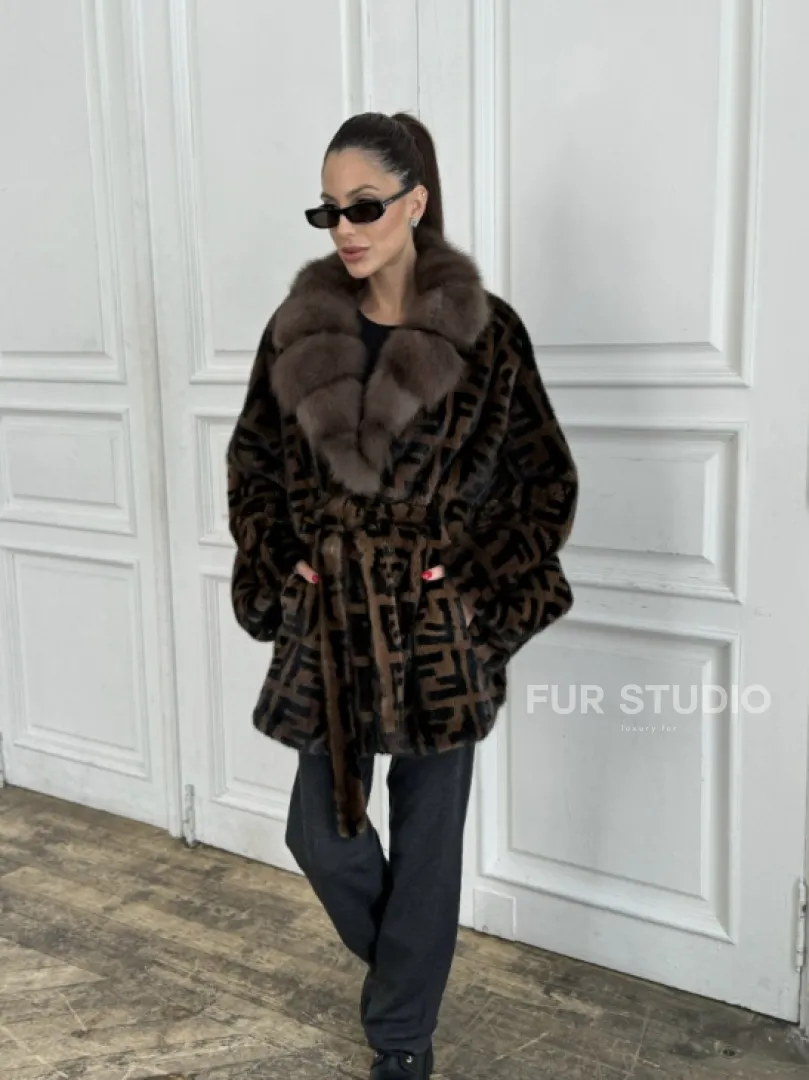 Норка летучая мышь воротник из меха куницы, принт - цвет соболь - фото 7