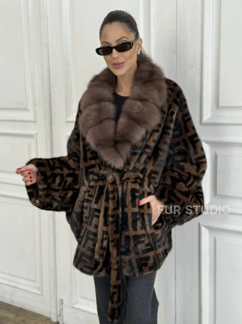 Норка летучая мышь воротник из меха куницы, принт - цвет соболь - фото 2