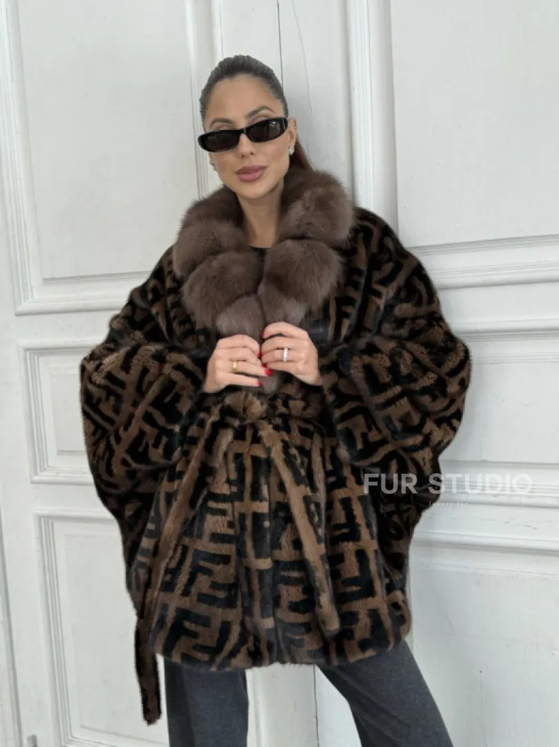 Норка летучая мышь воротник из меха куницы, принт - цвет соболь - фото 4