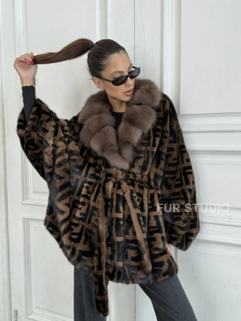 Норка летучая мышь воротник из меха куницы, принт - цвет соболь - фото 6