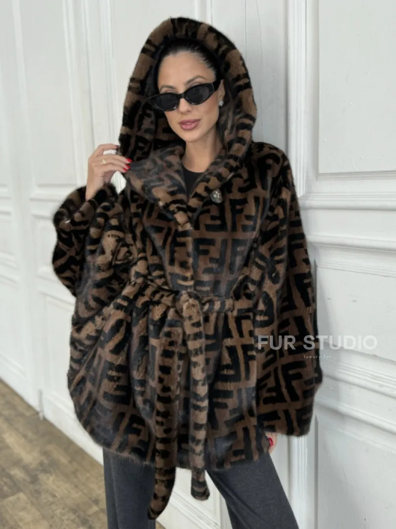 Норка летучая мышь с капюшоном, принт - цвет соболь - фото 0