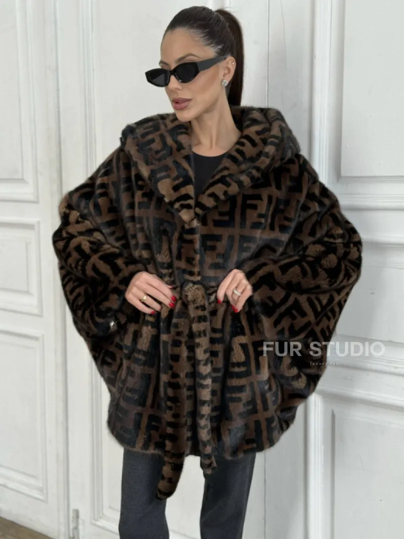 Норка летучая мышь с капюшоном, принт - цвет соболь - фото 2