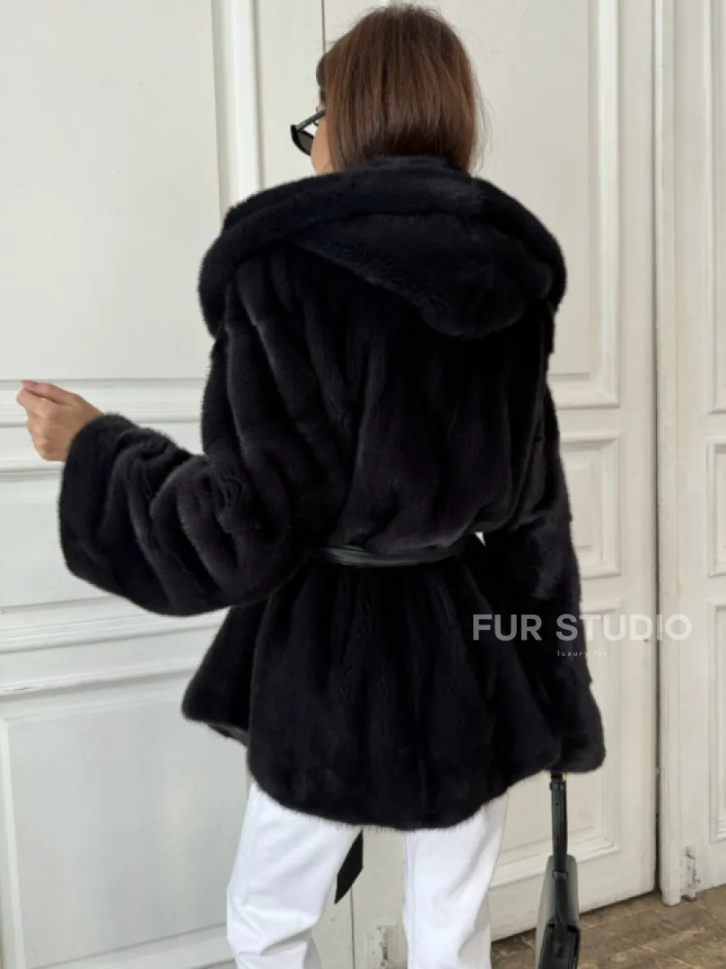 Норковый жакет с капюшоном, роспуск - цвет графит - фото 2