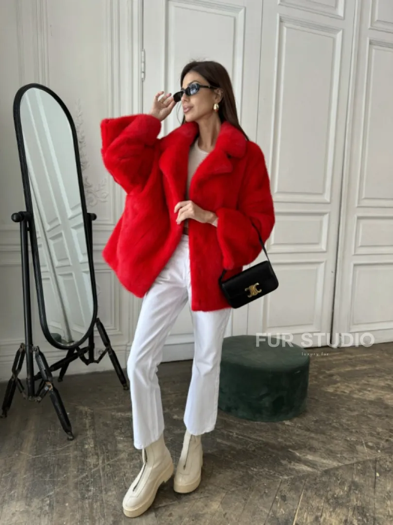 Красный норковый полушубок английский воротник роспуск - фото 6