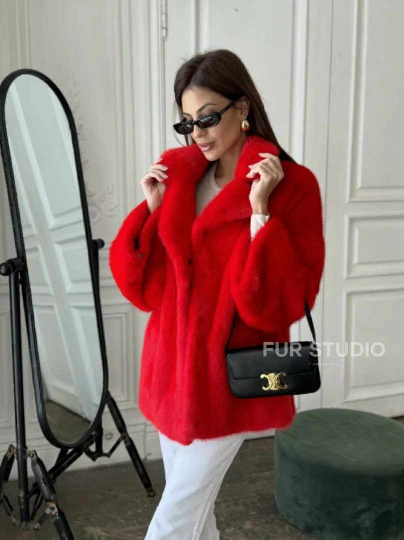 Красный норковый полушубок английский воротник роспуск - фото 3