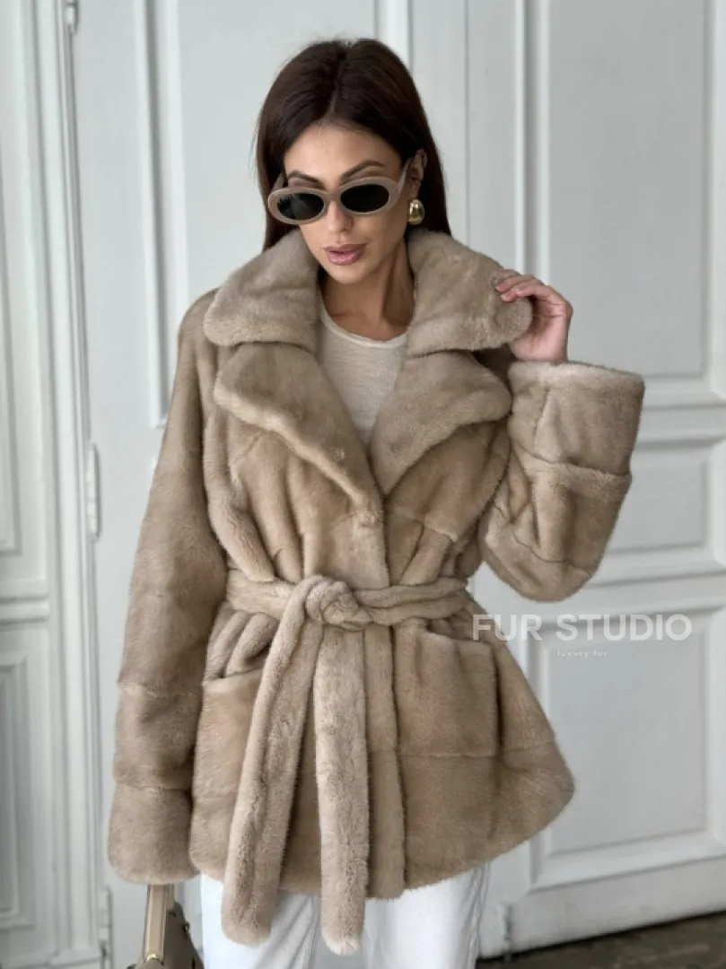 Норковый полушубок английский воротник мех NAFA - цвет пастель - фото 3