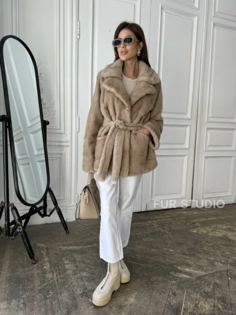 Норковый полушубок английский воротник мех NAFA - цвет пастель - фото 6