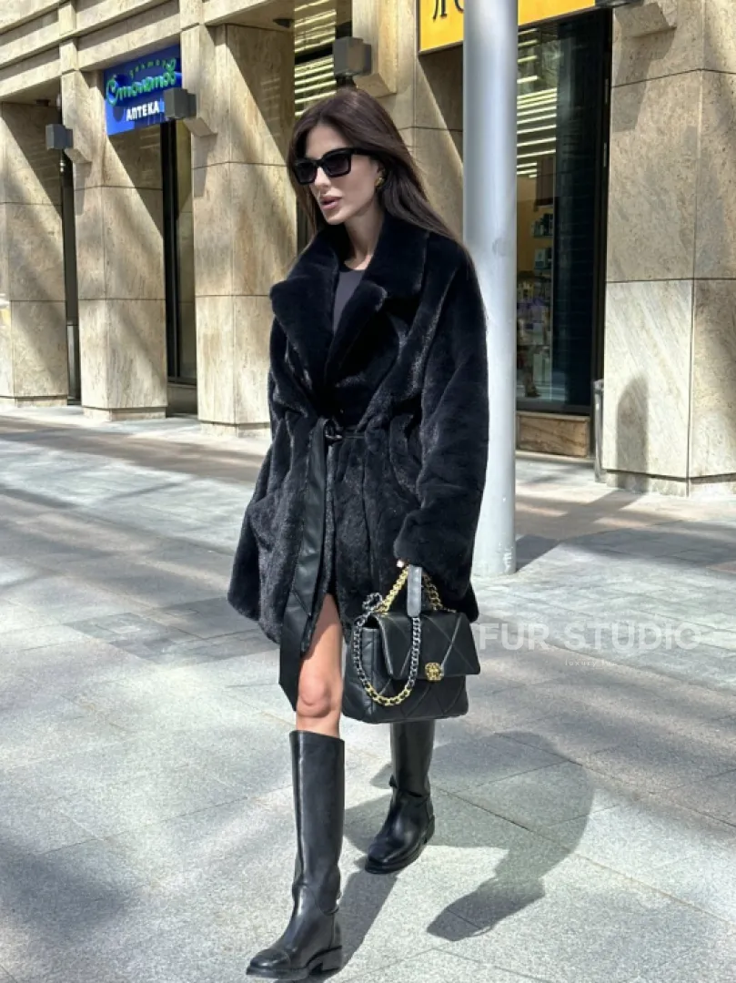 Шуба из плюшевой норки NAFA, роспуск - цвет черный изумруд - фото 4